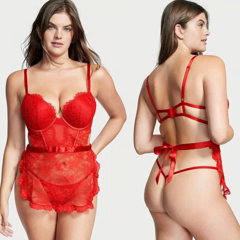New! Victoria's Secret Lipstick Red Bombshell Apron Teddy Lingerie 22822